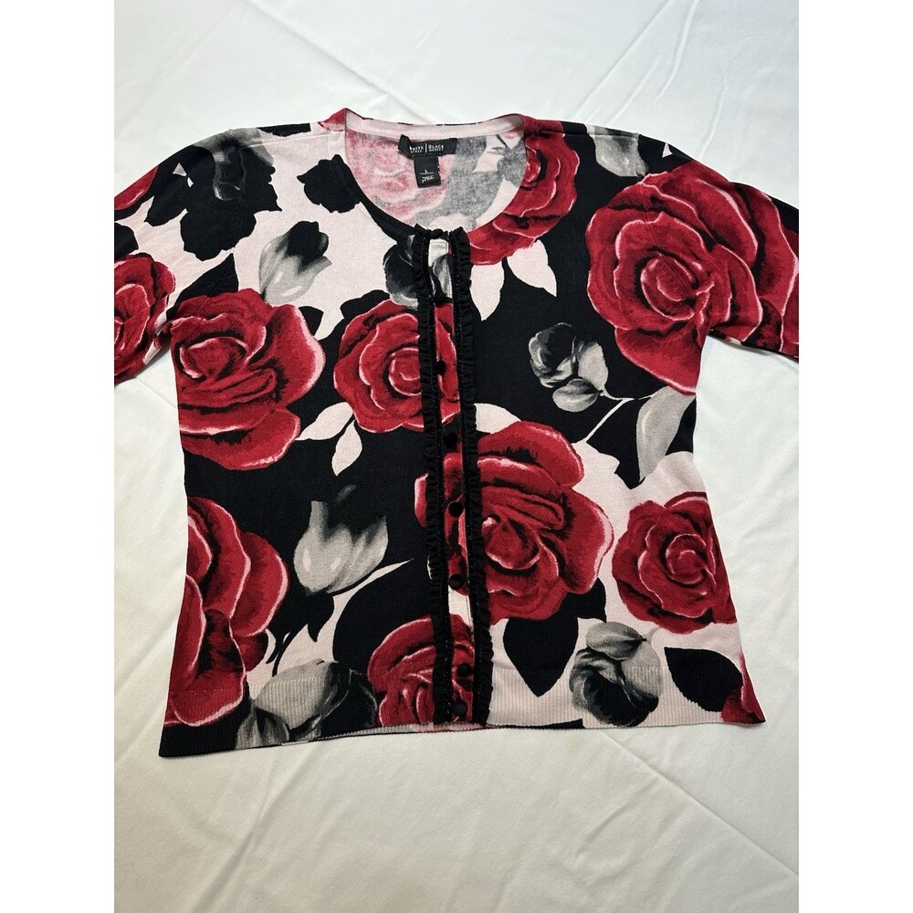 White House Black Market Floral Snap-Front Cardigan Size L Black Pink and Red - Picture 3 of 6